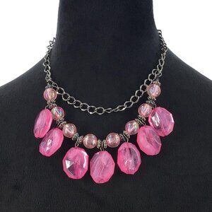 Beaded Fringe Necklace Fun Flirty Pink Silver Tone Adjustable Length